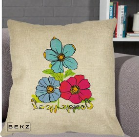 Perna Decorativa Trei Flori Grafice Pop Art, 40x40 cm, Crem, Husa Detasabila, Perna Inclusa, BEKZ®