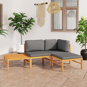 3087195 vidaXL Set mobilier grădină cu perne gri, 4 piese, lemn masiv de tec