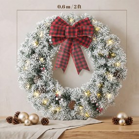 HOMCOM Coroniță de Crăciun 60 cm cu Lumini LED, Fundă în Carouri, Conuri de Pin și Bobițe, Verde | Aosom Romania