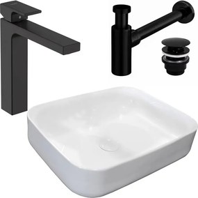 Pachet lavoar pe blat Rea Demi Slim alb 51 cm, baterie lavoar Hansgrohe Vernis Shape 190 negru si ventil lavoar Click-Clack negru