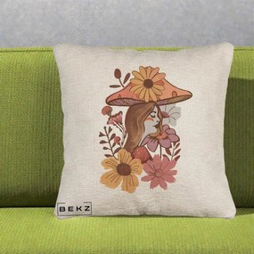 Perna Decorativa Fata Ciuperca Florala Boho, 40x40 cm, Bej Canapea, Husa Detasabila, Perna Inclusa, BEKZ®