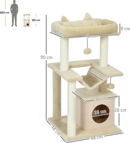PawHut copac pentru pisici, copac de zgâriat cu jucărie, bară de odihnă, hamac, 48 x 48 x 90 cm, crem | Aosom Romania