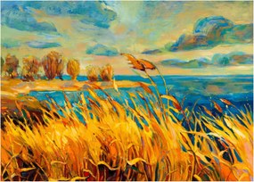 Tablou pe sticlă - Apus de soare peste lac, pictură acrilică (70x50 cm)