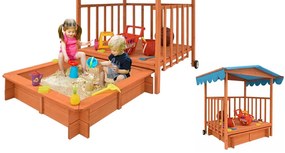 Casuta de joaca din lemn cu lada de nisip si acoperis parasolar