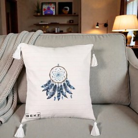 Perna Personalizata Prinzator de Vise cu Pene Albastre, 40x40 cm, Bej cu Franjuri, Husa Detasabila, Perna Inclusa, BEKZ®