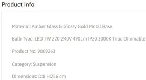 Pendul modern LED, Metal, Auriu, Sticla, Amber, Norma