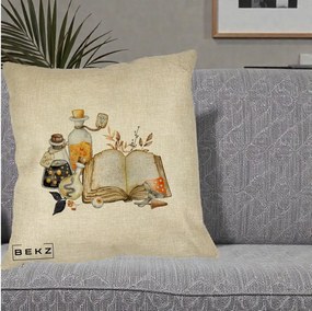 Perna Decorativa Grimoire Vrajitoare si Filtre Magice Halloween, 40x40 cm, Crem, Husa Detasabila, Perna Inclusa, BEKZ®