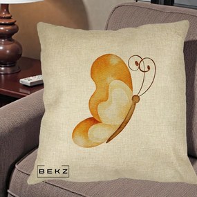 Perna Decorativa Fluture Acuarela Auriu, 40x40 cm, Crem, Husa Detasabila, Perna Inclusa, BEKZ®