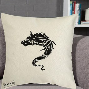 Perna Decorativa Lup Tribal Alb-Negru, 40x40 cm, Ecru, Husa Detasabila, Perna Inclusa, BEKZ®