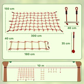 AIYAPLAY Ninja Line Set Slackline pentru copii 10 m cu inele, leagăn, scară de cățărat și plasă de cățărat pentru 3-6 ani 1000x300x180 cm Roșu | Aosom Romania