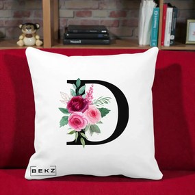 Cadou Personalizat - Perna Personalizata Monograma Florala Litera D, 40x40 cm, Alba Mata, Husa Detasabila, Perna Inclusa, BEKZ®