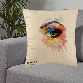 Perna Decorativa Ochi Verde Acuarela, 40x40 cm, Bej, Husa Detasabila, Perna Inclusa, BEKZ®
