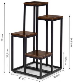 Suport pentru flori Loft - 4 rafturi, oțel negru și decor din lemn