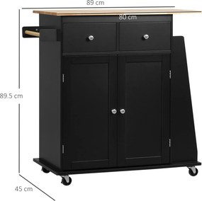 HOMCOM Insulă de Bucătărie cu Dulăpior, 2 Sertare și Suport pentru Condimente cu 3 Rafturi, 89x45x89,5 cm, Negru | Aosom Romania
