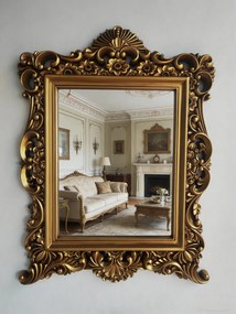 Oglindă decorativă de perete, ramă aurie antichizată, 64 × 84 cm