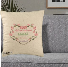 Cadou pentru Mama - Perna Personalizata Esti Cea mai Buna Mama din Lume La Multi Ani cu Inima Florala, 40x40 cm, Bej, Husa Detasabila, Perna Inclusa, BEKZ®