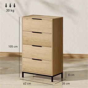 HOMCOM Comodă înaltă pentru dormitor cu 4 sertare, mânere metalice, comodă îngustă pentru living/hol 62x35x105 cm Natural | Aosom Romania