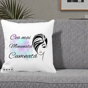 Cadou pentru Cumnata - Perna Personalizata Cea mai Minunata Cumnata cu Silueta Dama si Pete Multicolor, 40x40 cm, Alba Mata, Husa Detasabila, Perna Inclusa, BEKZ®