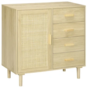 HOMCOM Bufet rotin cu dulapuri cu ușă cannage și 4 sertar, 80 x 38 x 80,5 cm, efect lemn natural | Aosom Romania