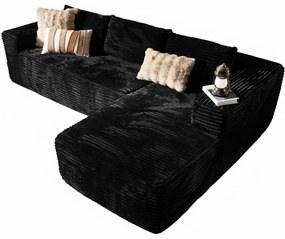 Canapea modulară în formă de L, din spumă de înaltă densitate, fără asamblare, țesătură din velur, șezlong pe Dreapta, Negru