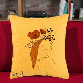 Perna Decorativa Portret Feminin Maci Rosii Auriu, 40x40 cm, Galben, Husa Detasabila, Perna Inclusa, BEKZ®