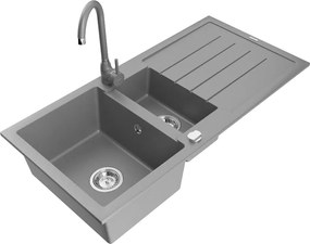 Mexen Andres chiuvetă de granit cu 1,5 compartimente cu scurgător și baterie de bucătărie Telma, gri - 6515-71-670200-71