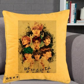 Perna Personalizata K-pop BTS Bangtan Boys Poster Artistic Negru Alb, 40x40 cm, Galben, Husa Detasabila, Perna Inclusa, BEKZ®
