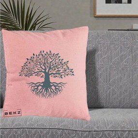 Perna Decorativa Copacul Vietii Teal cu Radacini, 40x40 cm, Roz, Husa Detasabila, Perna Inclusa, BEKZ®