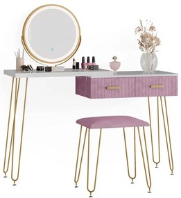 SEA394 - Set Masa toaleta, 120 cm, cosmetica machiaj, oglinda cu LED, masuta vanity, scaun tapitat - Alb-Auriu-Roz