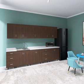 Bucatarie 300 cm Lungime, Material PAL 18mm, Culoare Wenge, Blat termorezistent 2.8 cm Grosime