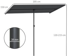 Outsunny Umbrelă de Soare cu Protecție UPF 50+, Înclinare la 180° și Înălțime Reglabilă, 150x205x120-215 cm, Gri Închis | Aosom Romania