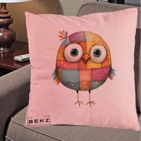 Perna Decorativa Pasare Patchwork Colorata, 40x40 cm, Roz, Husa Detasabila, Perna Inclusa, BEKZ®
