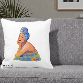 Perna Decorativa Portret Femeie Contemplativa, 40x40 cm, Alba Mata, Husa Detasabila, Perna Inclusa, BEKZ®