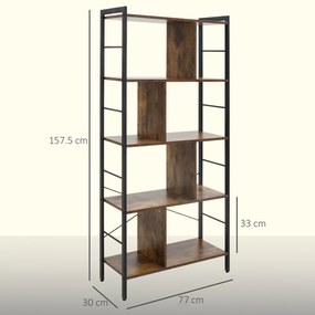 HOMCOM Bibliotecă cu 5 Rafturi, Compartimente Deschise, 77 x 30 x 157,5 cm, Maro Rustic și Negru | Aosom Romania