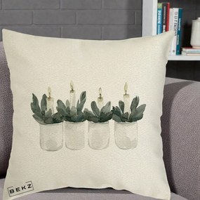 Perna Decorativa Lumanari in Borcane cu Eucalipt, 40x40 cm, Ecru, Husa Detasabila, Perna Inclusa, BEKZ®
