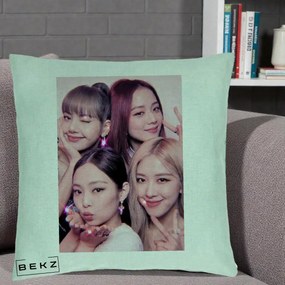 Perna Personalizata K-pop BLACKPINK Foto Grup Selfie Roz cu Glitter, 40x40 cm, Verde Menta, Husa Detasabila, Perna Inclusa, BEKZ®