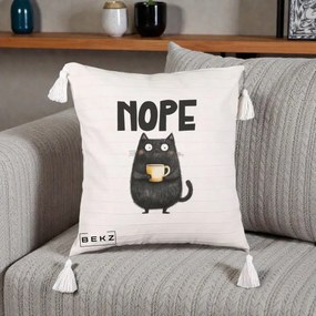 Perna Decorativa NOPE Pisica Neagra Cafea, 40x40 cm, Bej cu Franjuri, Husa Detasabila, Perna Inclusa, BEKZ®