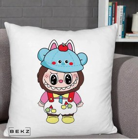 Perna Personalizata Labubu x Urs Albastru Colorat, 40x40 cm, Alb Pufos, Husa Detasabila, Perna Inclusa, BEKZ®