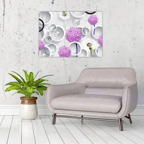 Tablou pe sticlă cu abstracție 3D cu cercuri și flori (70x50 cm)