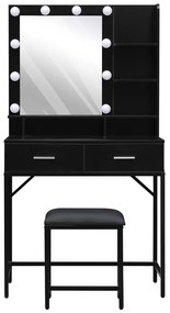 Set ELINORE – Masă de Toaletă pentru Machiaj, Oglinda Iluminata 10 becuri LED, 2 sertare, separatoare, rafturi, scaun, Negru
