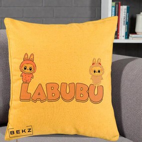 Perna Personalizata Labubu Duo Roz-Lila cu Text, 40x40 cm, Galben, Husa Detasabila, Perna Inclusa, BEKZ®