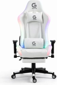 Scaun gaming cu sistem iluminare bandă LED RGB, masaj în perna lombară, suport picioare, funcție șezlong, 90-180 grade, piele PU Premium, Alb
