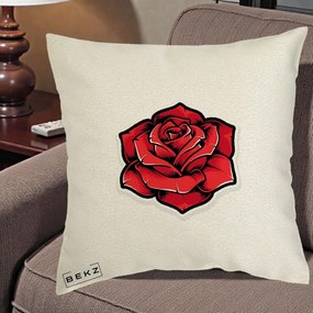 Perna Decorativa Trandafir Rosu Tattoo, 40x40 cm, Ecru, Husa Detasabila, Perna Inclusa, BEKZ®
