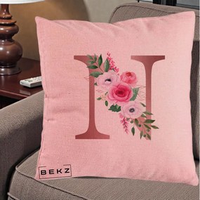 Cadou Personalizat - Perna Personalizata Monograma Rose Gold Litera N, 40x40 cm, Roz, Husa Detasabila, Perna Inclusa, BEKZ®