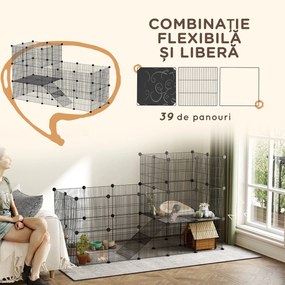 PawHut Țarc Modular pentru Animale de Companie de Talie Mică, cu 39 de Panouri și Accesorii, 140x70x105 cm, Negru | Aosom Romania