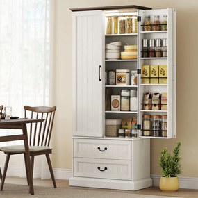 HOMCOM Bufet înalt bucătărie, dulap de bucătărie, LED cu senzor, 2 uși, sertare și rafturi reglabile, 76x39,5x183cm, alb | Aosom Romania