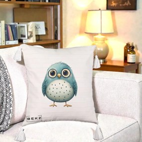 Perna Decorativa Pasare Teal cu Buline Teal, 40x40 cm, Bej cu Franjuri, Husa Detasabila, Perna Inclusa, BEKZ®