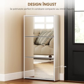 HOMCOM Dulap de Pantofi cu Oglindă și 3 Sertare Rabatabile 65x17x114.5 cm Alb | Aosom Romania