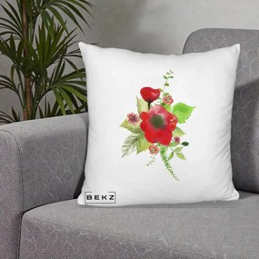 Perna Decorativa Buchet Rosu Acuarela, 40x40 cm, Alb Pufos, Husa Detasabila, Perna Inclusa, BEKZ®