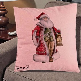Perna Decorativa Mos Craciun Vintage cu Felinar, 40x40 cm, Roz, Husa Detasabila, Perna Inclusa, BEKZ®